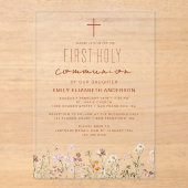 Wildflower eerste heilige communie in bloei acryl uitnodigingen (Voorkant)