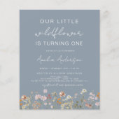 Wildflower eerste verjaardag Dusty Blue uitnodigin (Voorkant)