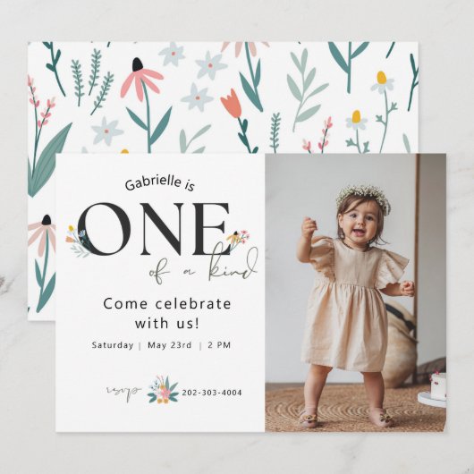Wildflower eerste verjaardag foto uitnodiging (Voorkant / Achterkant)