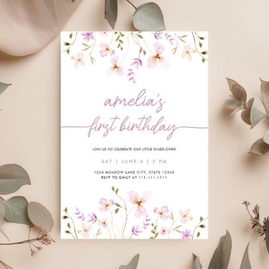 Wildflower eerste verjaardag foto uitnodiging