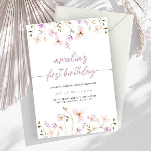 Wildflower eerste verjaardag foto uitnodiging