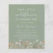 Wildflower Eerste Verjaardag Sage Groene Uitnodigi (Voorkant)
