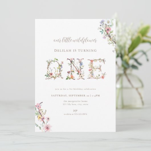 Wildflower eerste verjaardag uitnodiging (Staand voorkant)