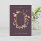 Wildflower Eggplant & Gold Lijst Weddenfoto Save The Date (Staand voorkant)
