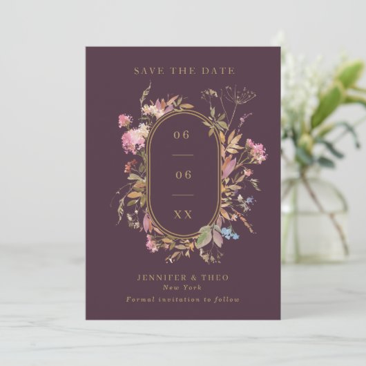 Wildflower Eggplant & Gold Lijst Weddenfoto Save The Date (Staand voorkant)