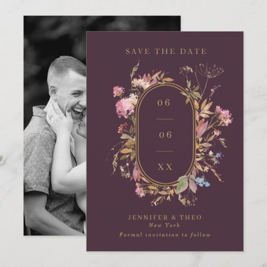 Wildflower Eggplant & Gold Lijst Weddenfoto Save The Date (Voorkant / Achterkant)