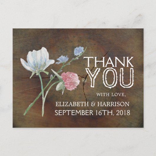 Wildflower eiken hout bruiloft dank u briefkaart (Voorkant)