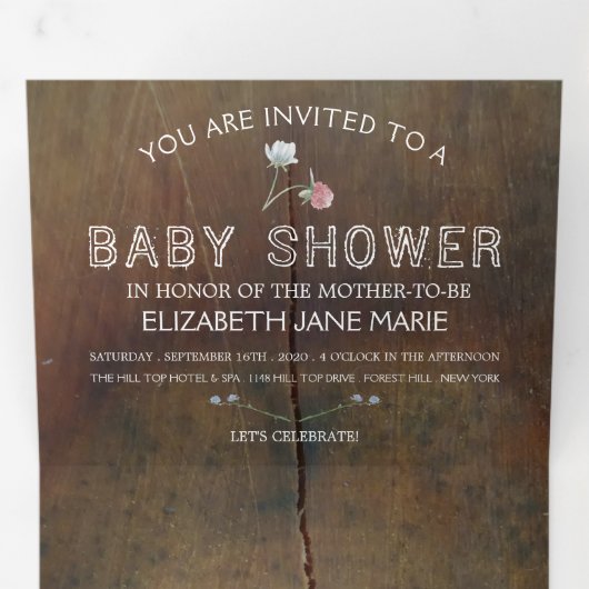 Wildflower Eikenhout, Baby shower Suite Drieluik Uitnodiging (Binnenzijde eerst)