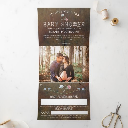 Wildflower Eikenhout, Baby shower Suite Drieluik Uitnodiging (Binnen)