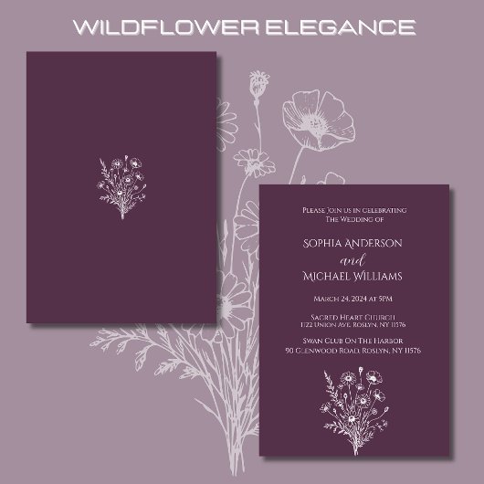 Wildflower Elegance Bruiloft Thema Paarse Kaart
