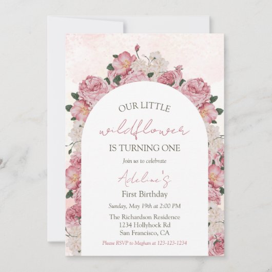 Wildflower Elegant Bloemen Baby Meisje 1e Verjaard Kaart (Voorkant)
