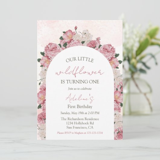 Wildflower Elegant Bloemen Baby Meisje 1e Verjaard Kaart (Staand voorkant)