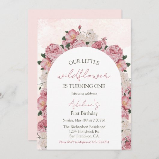 Wildflower Elegant Bloemen Baby Meisje 1e Verjaard Kaart (Voorkant / Achterkant)