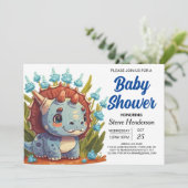 Wildflower Elegant Boho Dinosaur Boy Baby shower Kaart (Staand voorkant)