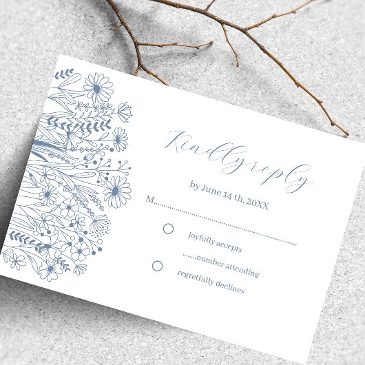 Wildflower Elegant Boho Dusty Blue Wedding RSVP