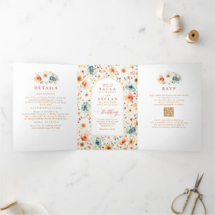 Wildflower Elegant Boho Fall Trouwfoto Drieluik Uitnodiging