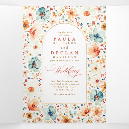 Wildflower Elegant Boho Fall Trouwfoto Drieluik Uitnodiging (Binnenkant midden)