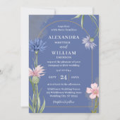 Wildflower Elegant Dusty Blue Wedding Kaart (Voorkant)