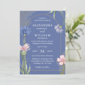 Wildflower Elegant Dusty Blue Wedding Kaart (Staand voorkant)
