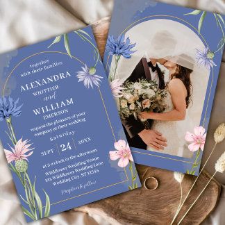 Wildflower Elegant Dusty Blue Wedding Kaart