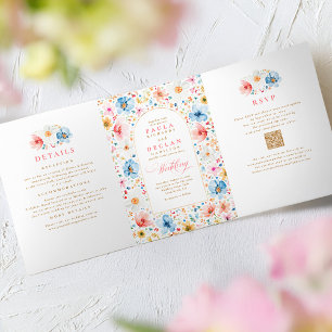 Wildflower Elegante Boho Garden Trouwfoto Drieluik Uitnodiging