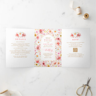 Wildflower Elegante Boho Garden Trouwfoto Drieluik Uitnodiging