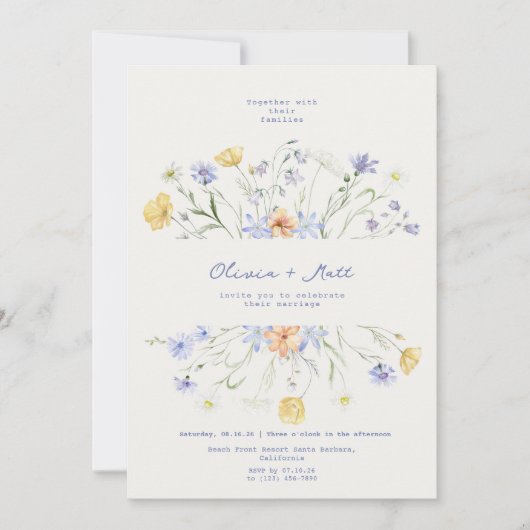 Wildflower Elegante Floral Periwinkle Wedding Kaart (Voorkant)
