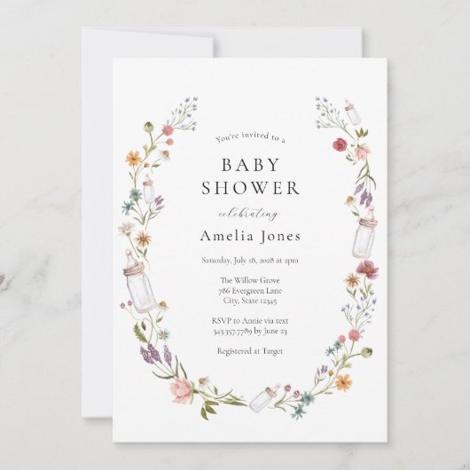 Wildflower en Bottle Wreath Baby shower Kaart (Voorkant)