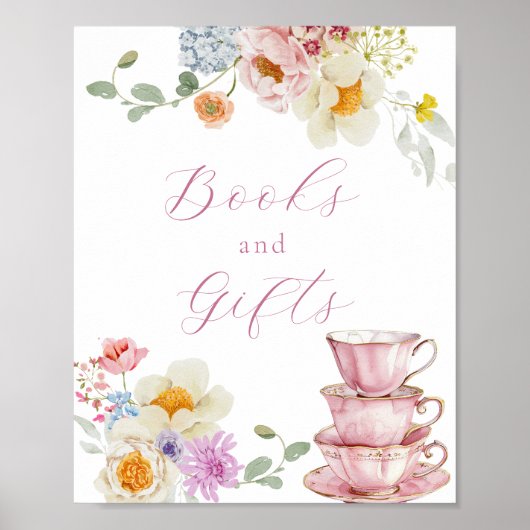 Wildflower en roze theekopjes boeken en geschenken poster (Voorkant)