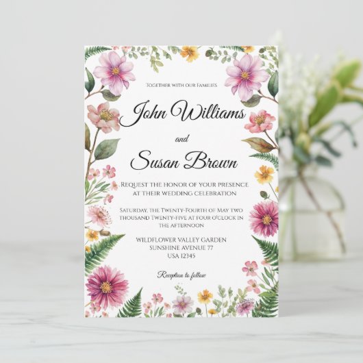 Wildflower en varen bruiloft uitnodiging (Staand voorkant)