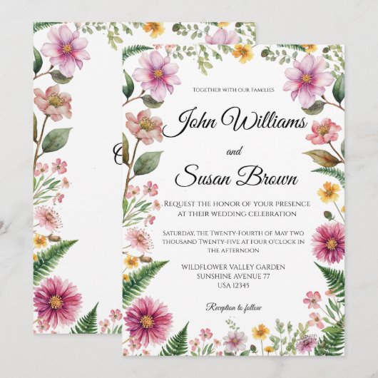 Wildflower en varen bruiloft uitnodiging (Voorkant / Achterkant)