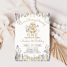 Wildflower Enkele Bunny Girl Verjaardag Uitnodigin Kaart