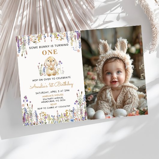 Wildflower Enkele Bunny Girl Verjaardagsfoto Kaart