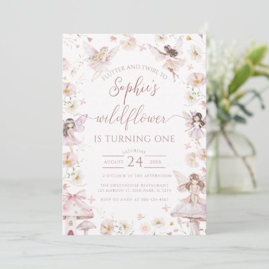 Wildflower Fairy First 1st Birthday Party Kaart (Staand voorkant)