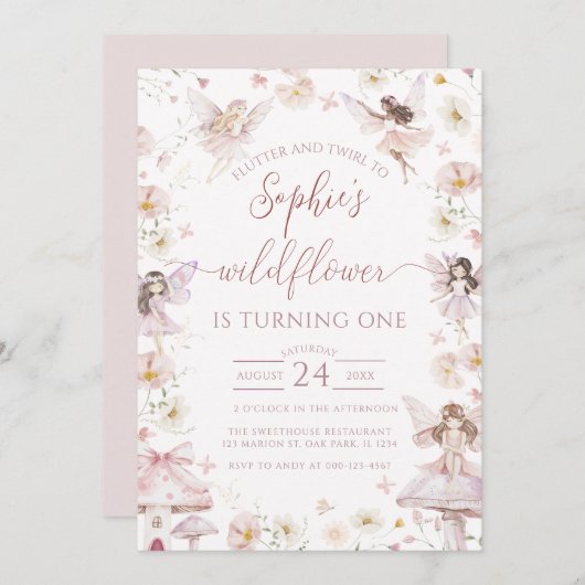 Wildflower Fairy First 1st Birthday Party Kaart (Voorkant / Achterkant)