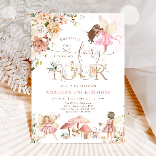 Wildflower Fairy Four Girl 4th Birthday Invitation Kaart