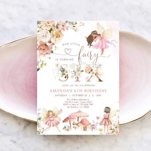 Wildflower Fairy Six Girl 6th Birthday Invitation Kaart