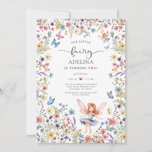 Wildflower Fairy Vlinder 2e verjaardag uitnodiging (Voorkant)