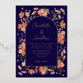 Wildflower Fall Wedding Navy blauw goud Folie Uitnodiging (Voorkant)