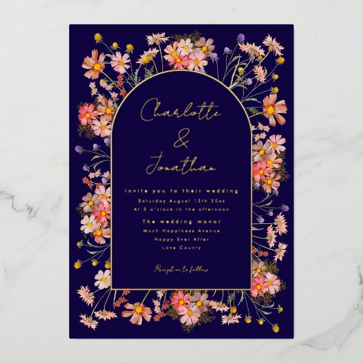 Wildflower Fall Wedding Navy blauw goud Folie Uitnodiging (Voorkant)
