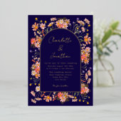 Wildflower Fall Wedding Navy blauw goud Folie Uitnodiging (Staand Voorkant)