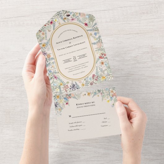  Wildflower Fern beige Wedding All In One Uitnodiging (Afscheurbaar)