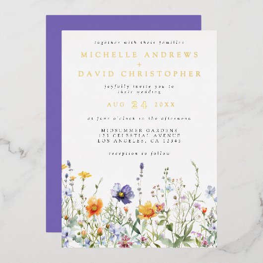 Wildflower Field Wedding Folie Uitnodiging (Voorkant / Achterkant)