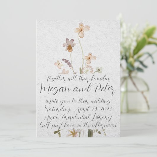 Wildflower Fine Art Calligrafie Style Wedding Kaart (Staand voorkant)