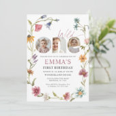 Wildflower First Birthday Photo Invitation Kaart (Staand voorkant)