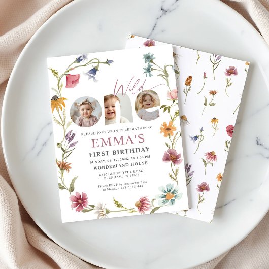 Wildflower First Birthday Photo Invitation Kaart