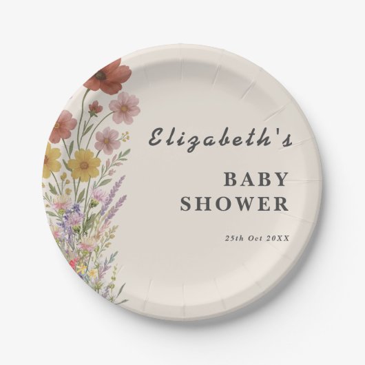 Wildflower Floral Boho Baby shower Papieren Bordje (Voorkant)