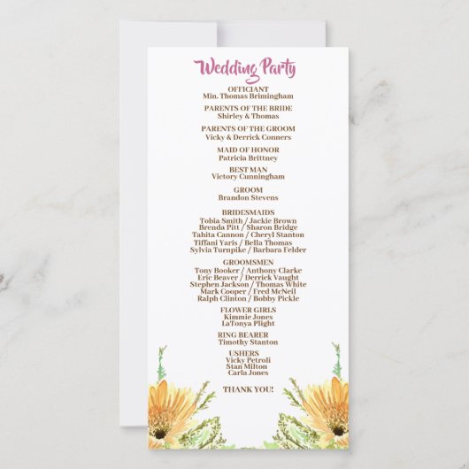 Wildflower Floral bruiloft ceremonie programma (Achterkant)