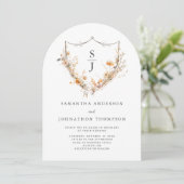 Wildflower Floral Crest Monogram Huwelijk Kaart (Staand voorkant)