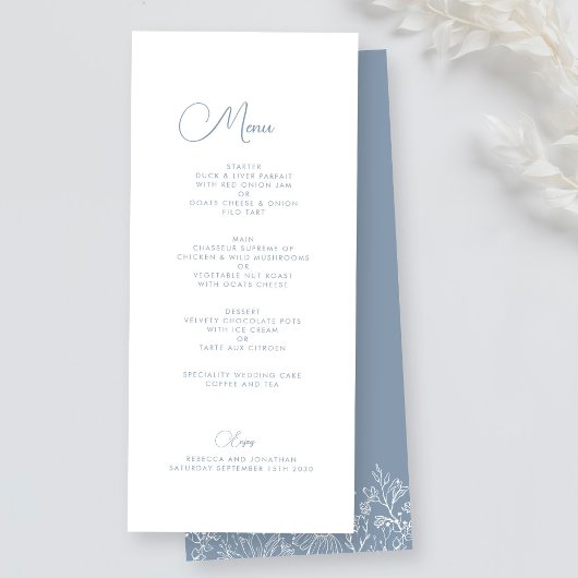 Wildflower Floral Elegant Stoffig Blauw Bruiloft M Menu